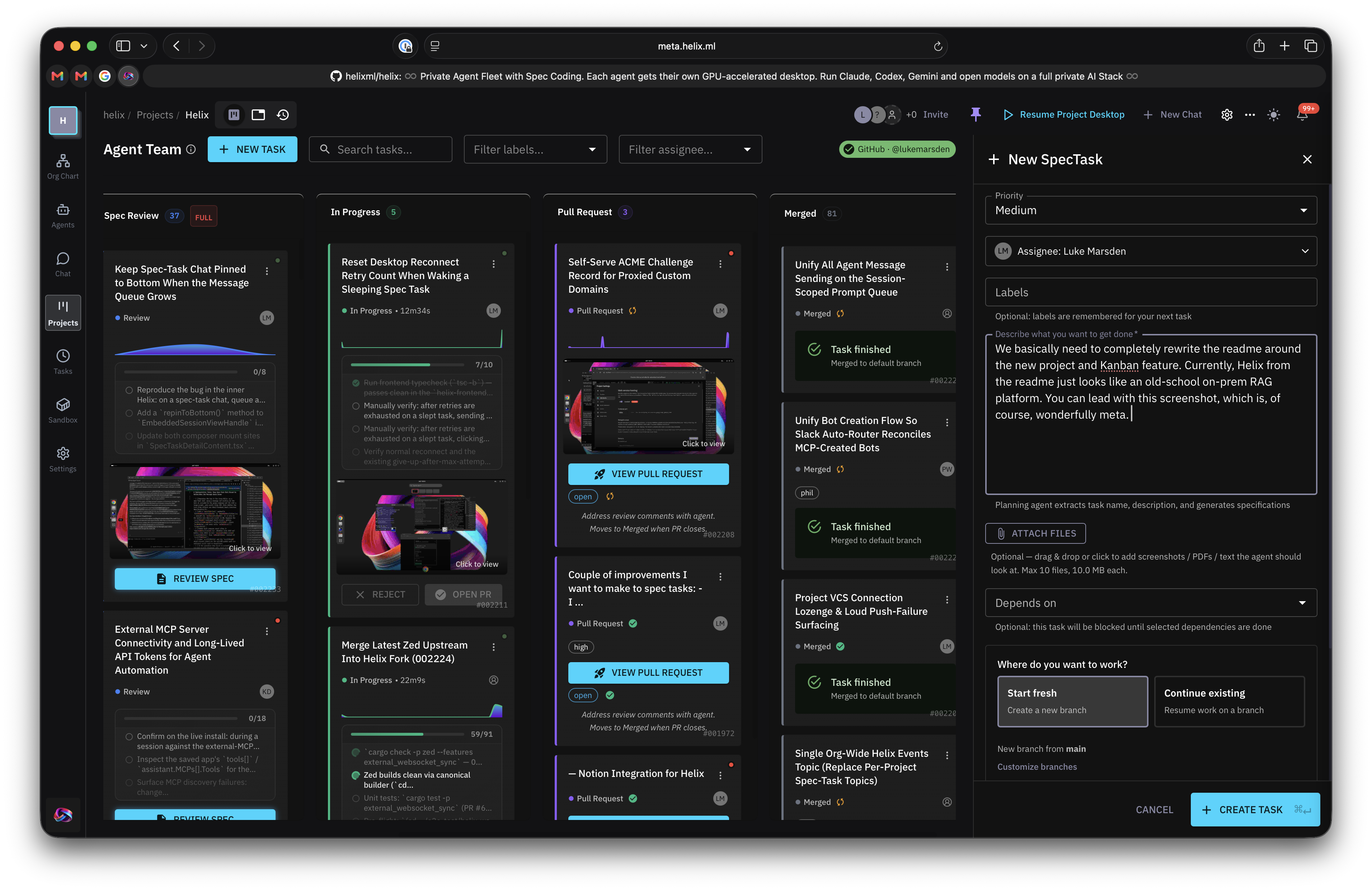 The Helix Kanban board — spec tasks moving from Backlog through Planning, Spec Review, In Progress, and Pull Request to Merged, with a new spec task being created on the right